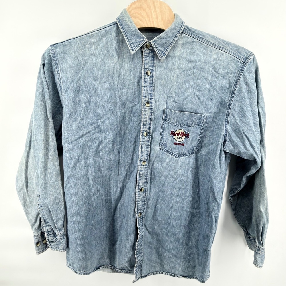 Vintage Hard Rock Cafe Berlin Denim Shirt Mens XL Light Wash Long Sleeve 90s